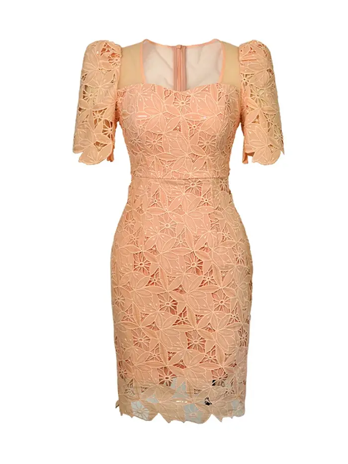 Fashion Summer Lace Elegant Women Evening Short Dress Chic Hollow Sexy Square Collar Slim Mini Party