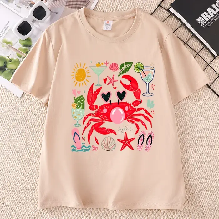 T-shirt graphique amusant avec crabe soufflant des bulles, T-shirt d'été pour la plage, T-shirt imprimé en coton à manches courtes et col rond