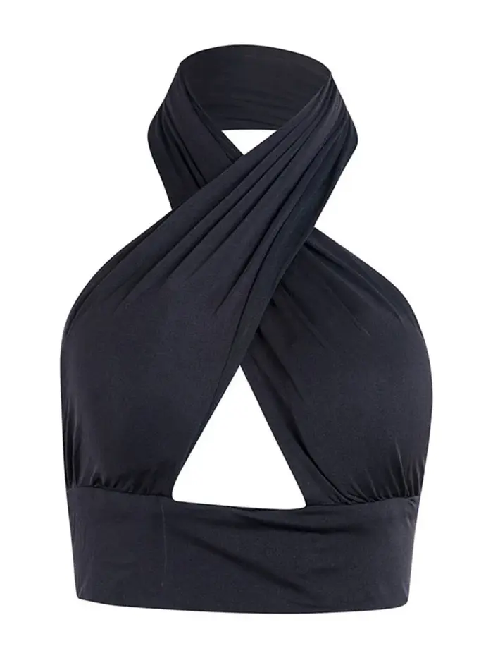 Femmes Strappy Cross Over Front Cut Out Halter Neck fibrBackless Crop Top Bandage glaSummer Sexy Y-W
