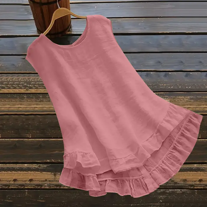 Femmes coton lin débardeur solide col rond sans manches dos Blouse élégant col rond à volants garnit