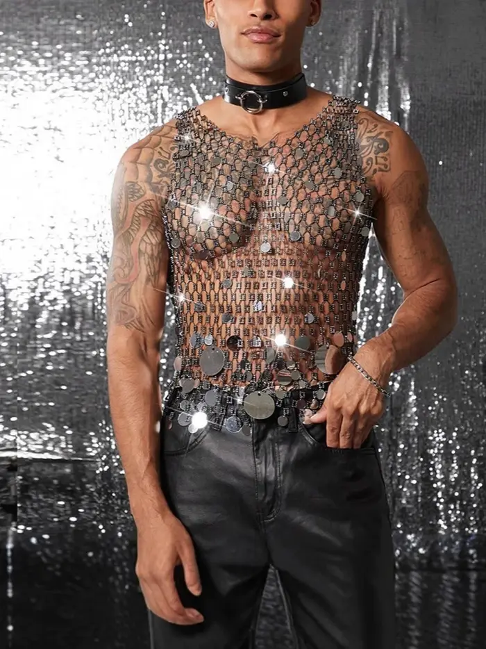 Débardeurs hommes strass résille brillant haut musculaire homme voir à travers gilet rond paillettes sans manches T-Shirt fête discothèque vêtement