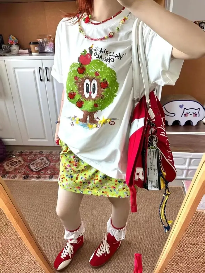T-shirt manches courtes femme, 100% coton, dessin animé pommier, japonais, Y2K, été, coréen, mignon,