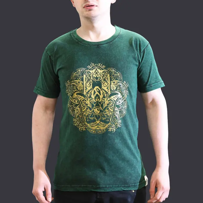 Nomad Sari Stonewashed Cotton T-Shirt – Hamsa – Green – Small