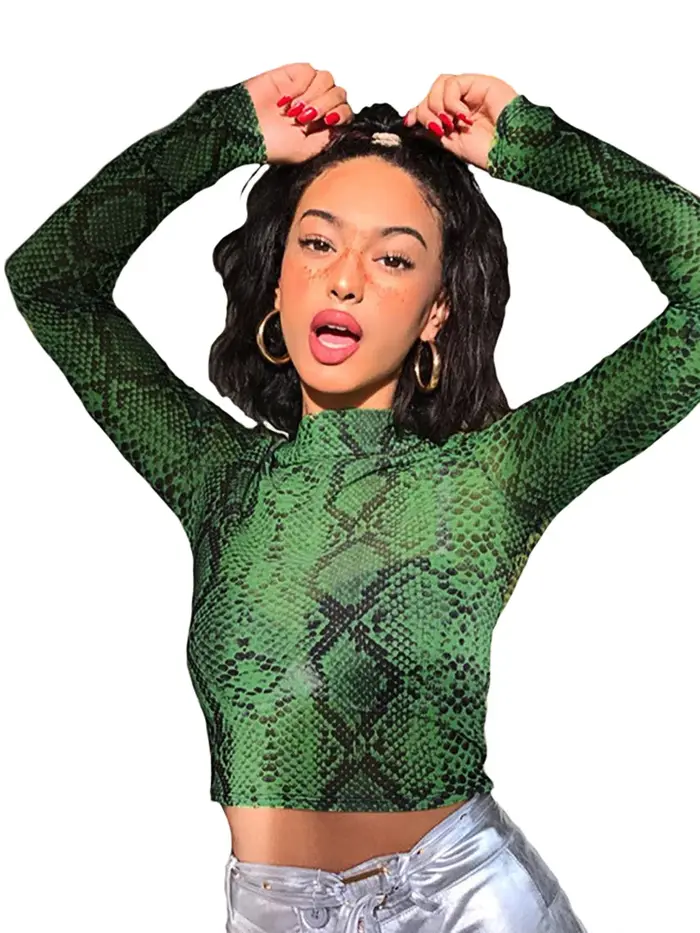 Décontracté vert serpent imprimé T-shirt femmes haut en maille à manches longues Transparent peau