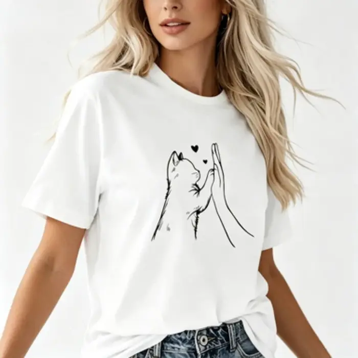 T-shirt, T-shirt graphique avec motif de chat mignon et de main en forme de cœur, haut décontracté b