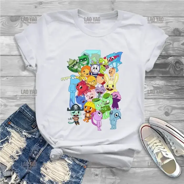 2025 été dessin animé T-shirt mignon tous les personnages joyeux arbre amis câlin dames TStudent