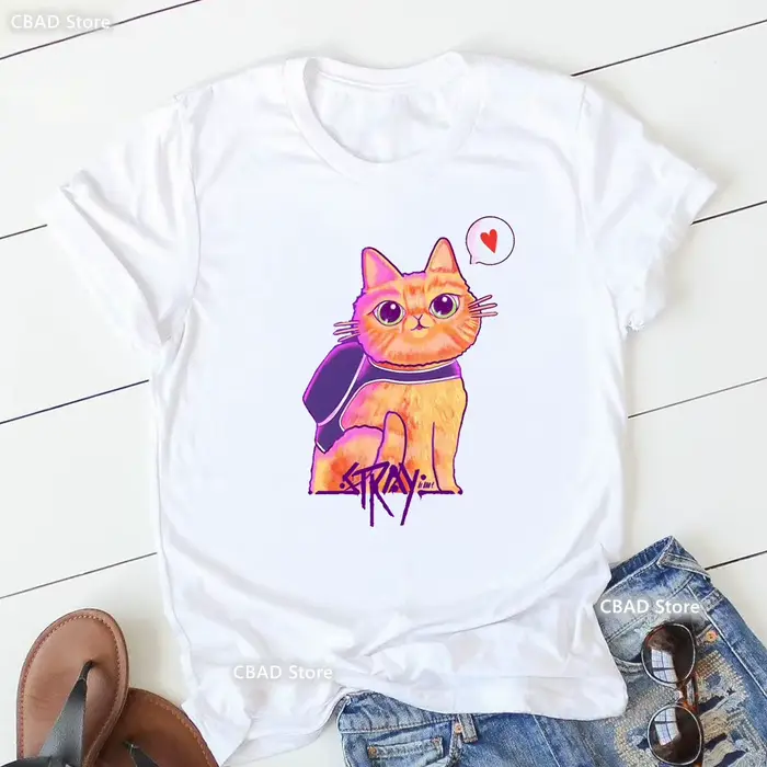 T-shirt imprimé graphique Stray Game pour femmes, vêtements pour femmes, t-shirt blanc drôle, chemis