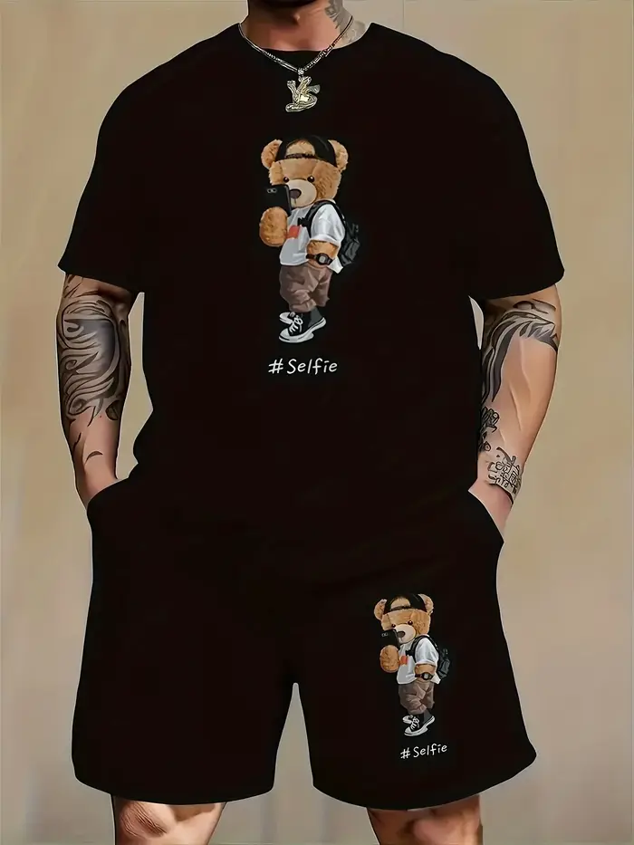 Ensemble deux pièces noir pour homme Selfie Teddy Bear : T-shirt à manches courtes et short