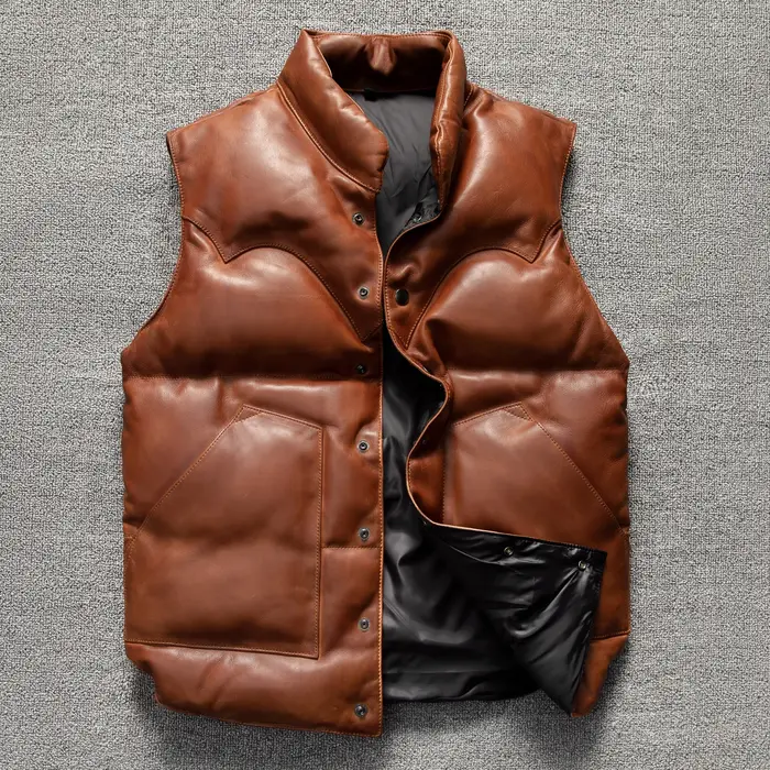 Veste en cuir véritable en peau de mouton naturelle à col montant et simple boutonnage