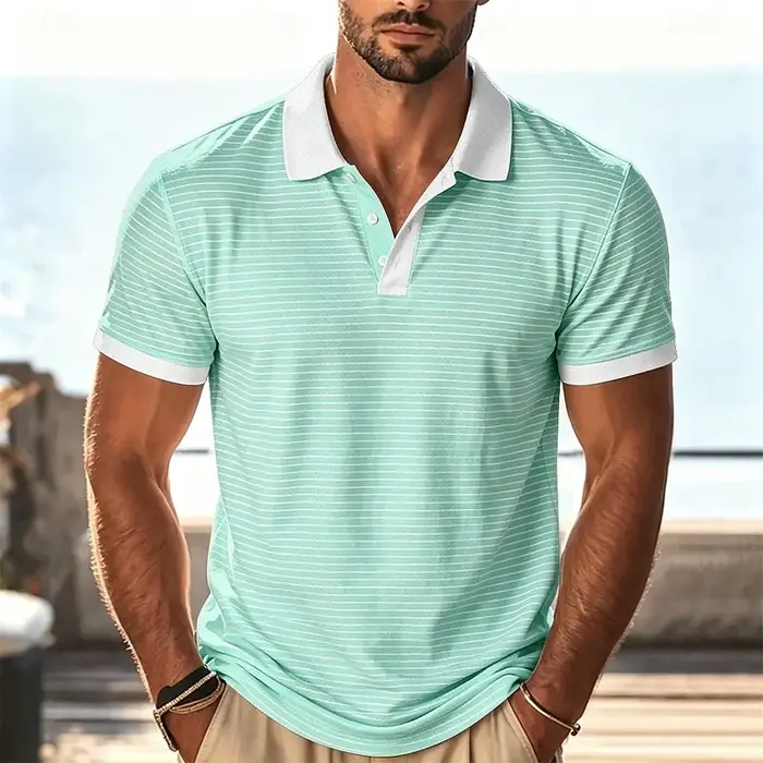 Polo à rayures horizontales bleu clair et blanc pour hommes