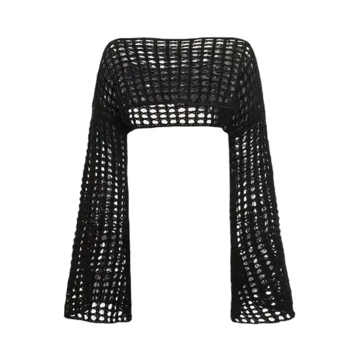 Printemps été court évider pull en tricot nouveau manches évasées couleur unie pulls Streetwear haut pour femme