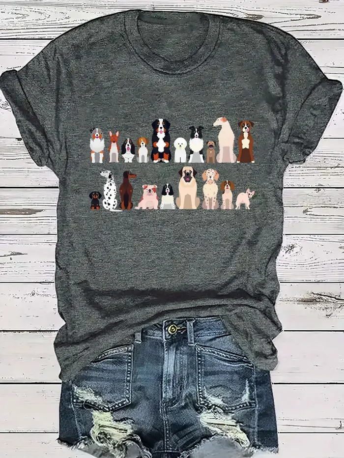 T-shirt pour femme avec collage de races de chiens mignons - Haut décontracté pour les amoureux des animaux