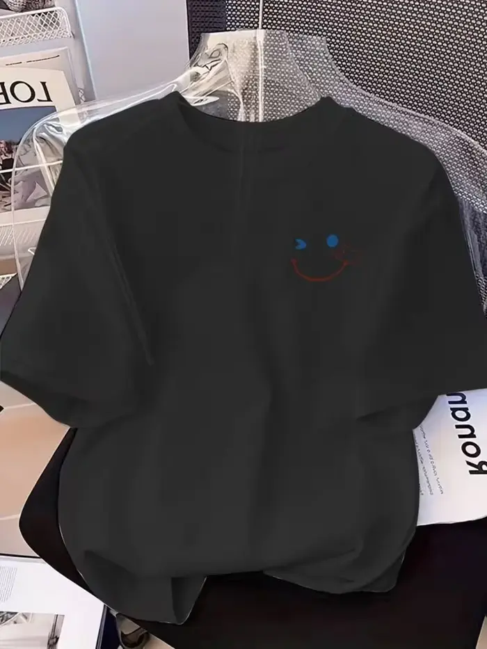 T-shirt imprimé visage clignotant, motif mignon, manches courtes, col rond, haut décontracté pour fe