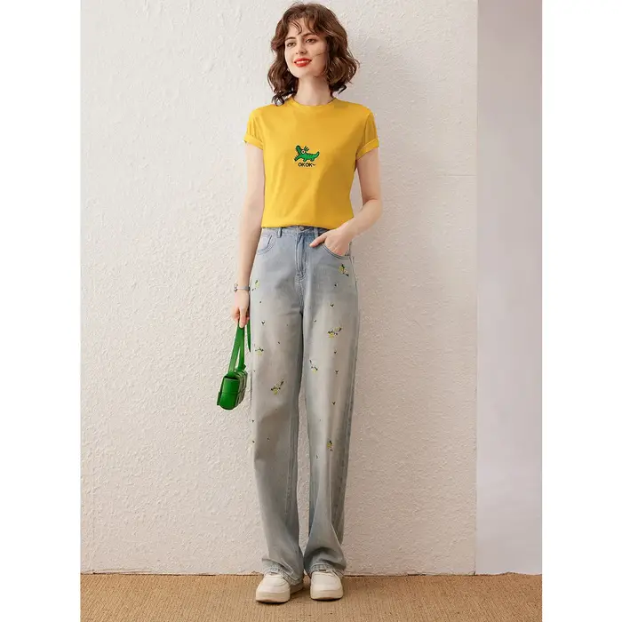 Modiis Yao-T-shirt brodé crocodile pour femme, col rond basique, pull à manches courtes, haut décontracté, t-shirt à la mode, été 2024