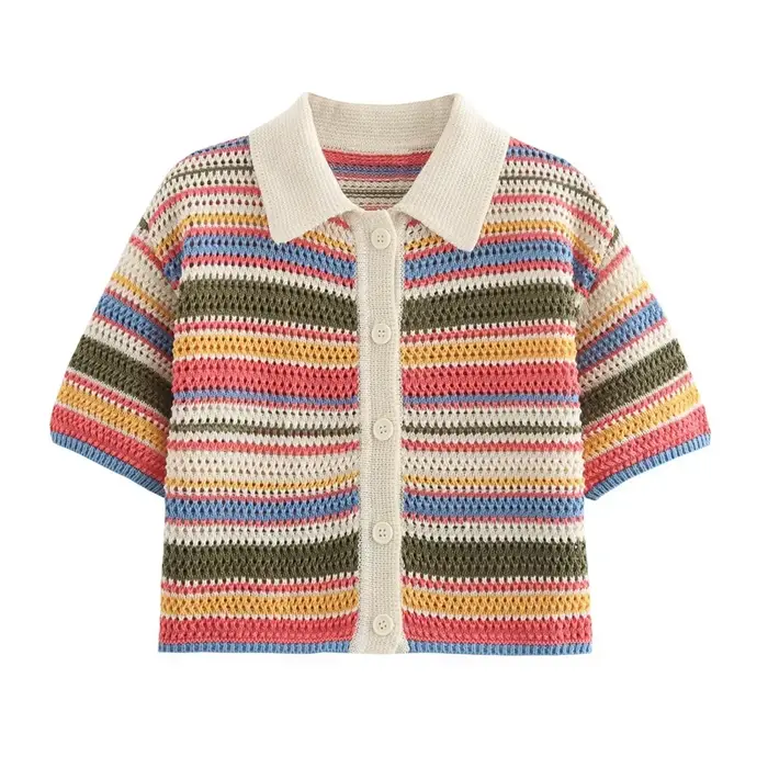 Pull court rayé en tricot au crochet pour femme