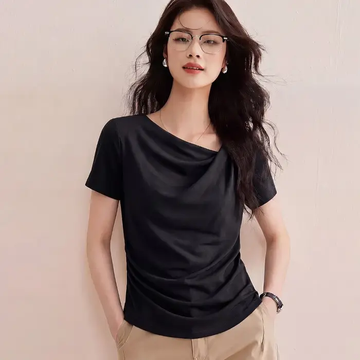 T-shirt en Lyocell pour femme, col drapé, froncé sur les côtés, coupe ajustée, uni, manches courtes, élégant, décontracté, basique, pour l'été