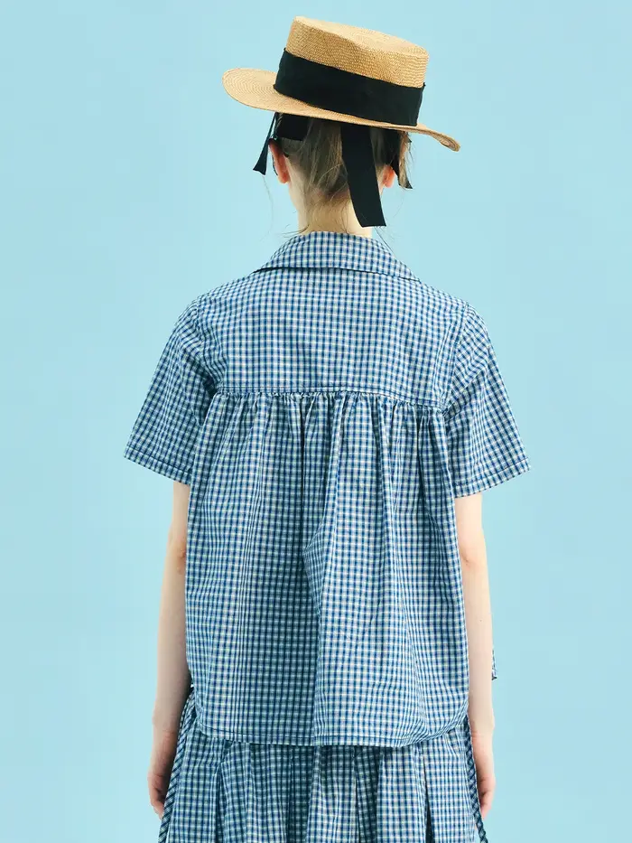 Chemise à carreaux bleue 2025 imakokoni style d'été pur coton lavé col de poupée dentelle manches courtes femmes 255011