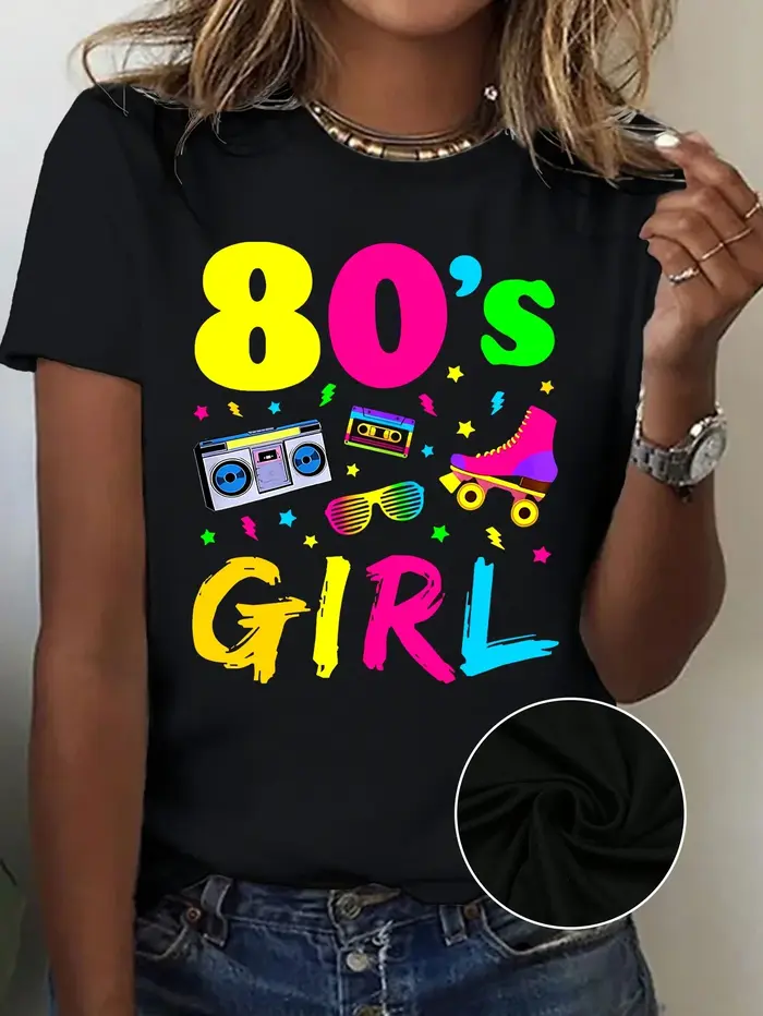 T-shirt décontracté à col rond, extensible, imprimé style vintage avec motifs radio et patins à roul