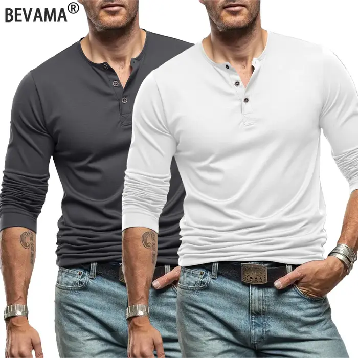 T-Shirt homme manches longues hauts t-shirts de rue col Henley bouton sport