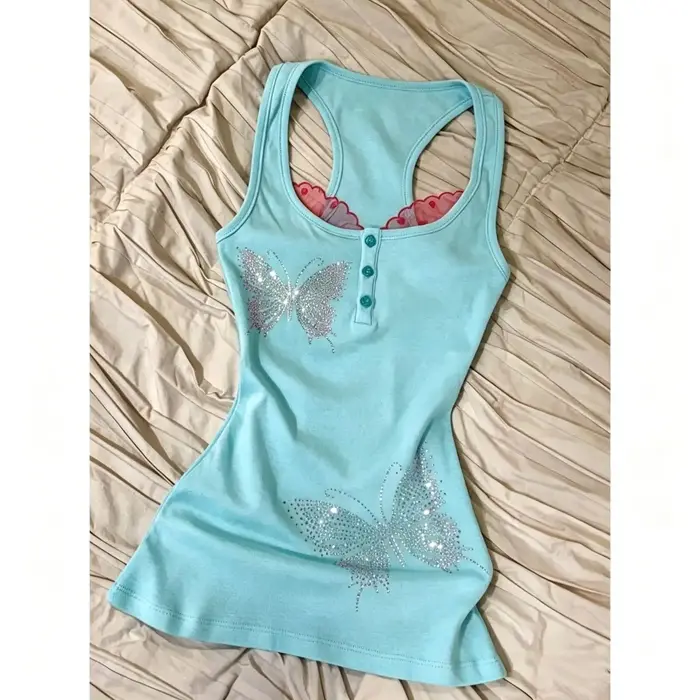 Débardeur Cami Rétro Y2K Vert Menthe avec Strass Papillon Style Vintage Américain, Coupe Moulante, S