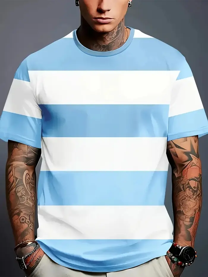 T-shirt rayé polyvalent basique pour hommes | Impression simple bleu clair et blanc | Vêtements