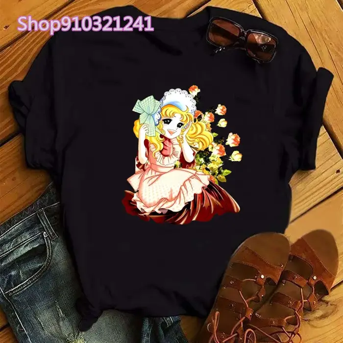 Kawaii Anime bonbons T-shirt femmes été à manches courtes mignon noir