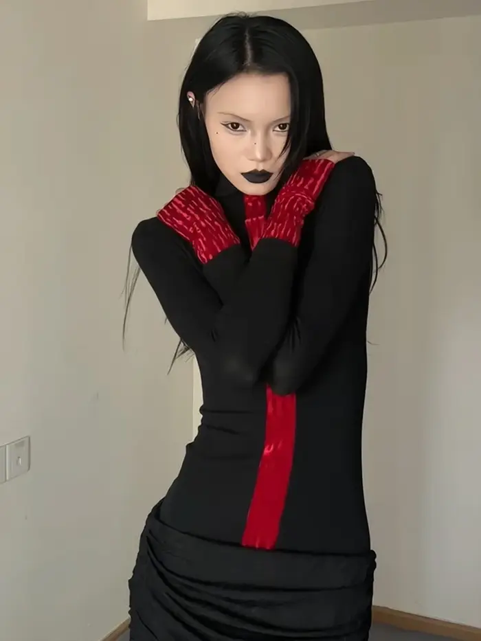 Yedinas Patchwork col roulé T-shirt femme vêtements à manches longues noir gothique haut d'automne 2