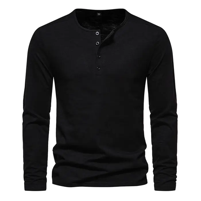 Hommes à manches longues T-shirt coton coupe ajustée chemise de fond Fitness hauts t-shirts bouton c