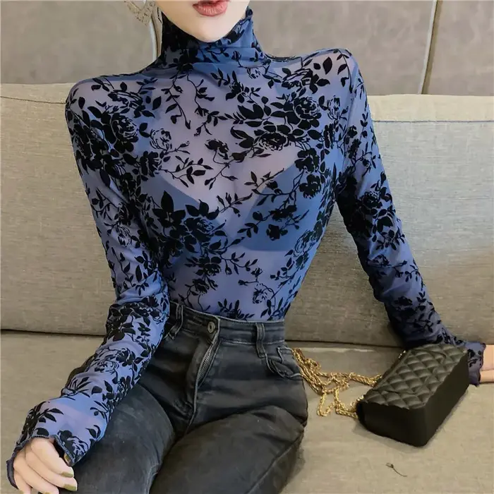 Taille M-XXXL Transparent flocage maille T-shirt femmes col roulé mince à manches longues t-shirts filles élastiques