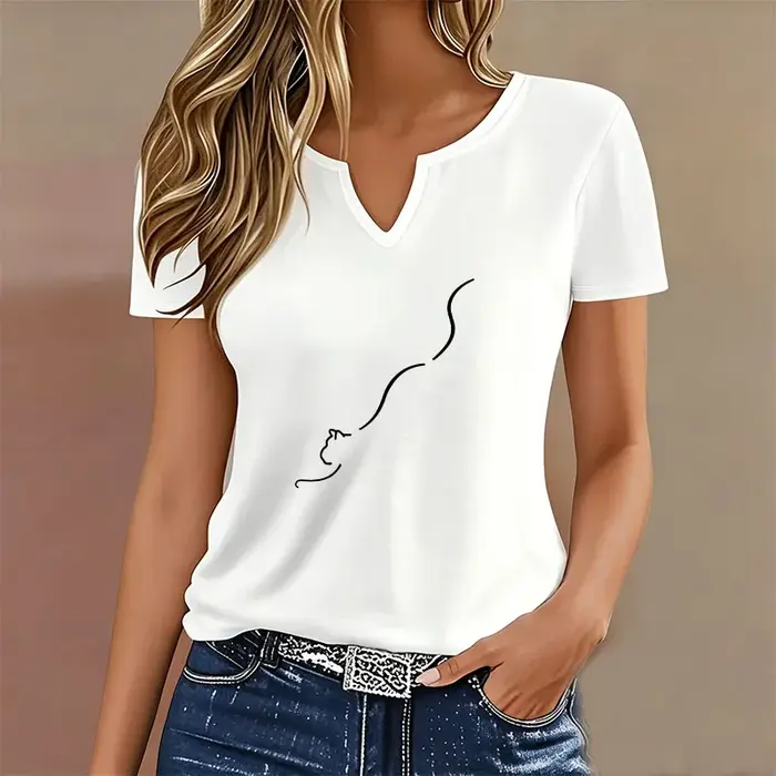 T-shirt Kawaii Cat à col en V
