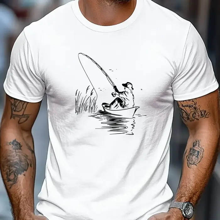 T-shirt à manches courtes pour homme avec motif bateau et pêche