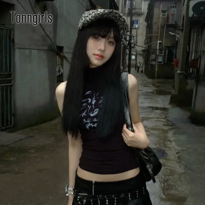 Tonngirls Y2k Vintage débardeurs femmes sans manches imprimé graphique hauts Streetwear années 2000 japonais noir Grunge