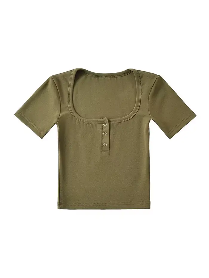 T-shirt court à manches courtes et boutons sur le devant pour femmes