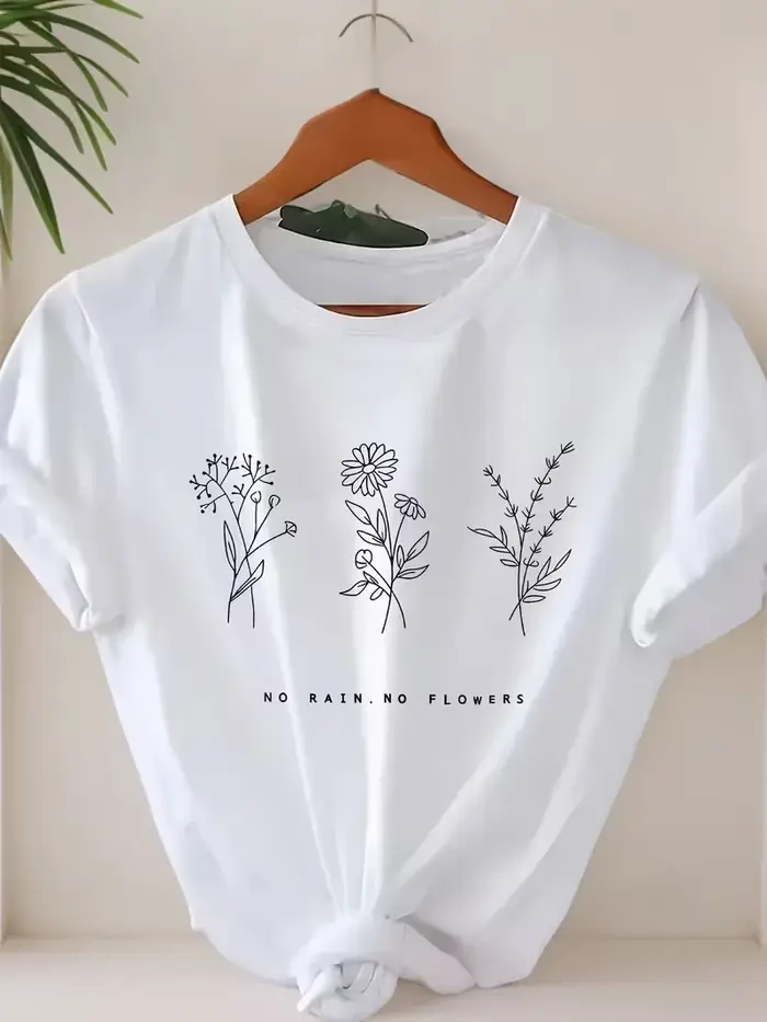 T-shirt à imprimé floral pour femmes, haut décontracté à col rond et manches courtes, confortable po