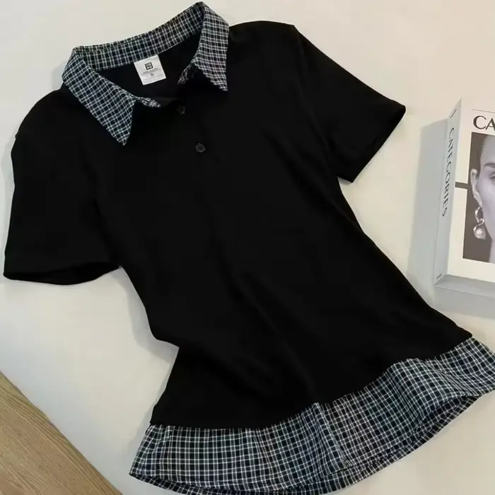 T-shirt vintage à col polo, faux deux-pièces, manches courtes, style universitaire tendance, patchwo