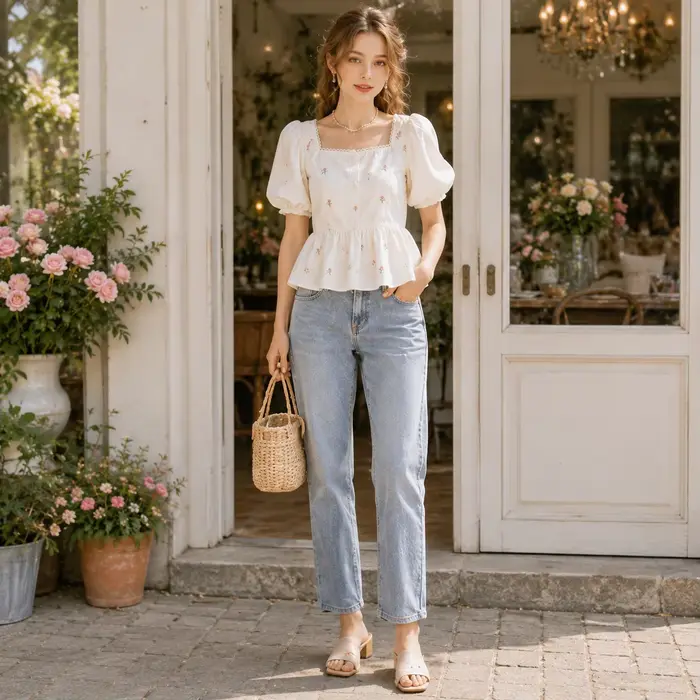 Chemisier floral pour femme à col carré et manches bouffantes, style peplum, coupe ajustée, style babydoll, manches courtes, idéal pour l'été, style cottagecore
