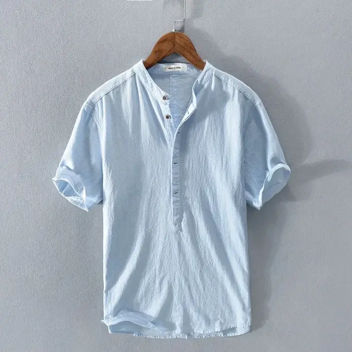 Chemise en coton et lin pour homme, col Henley, poche, décontractée, plage, manches courtes, couleur