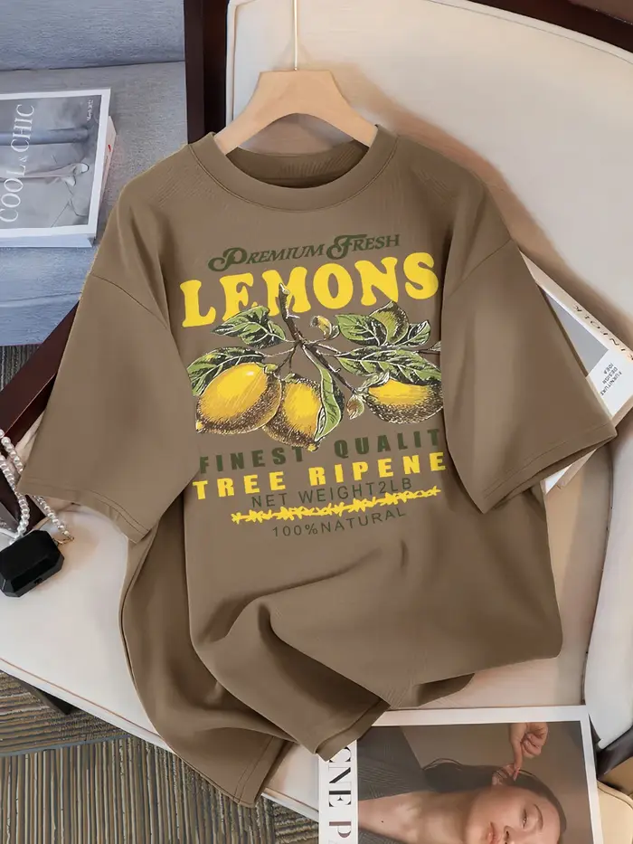 Citrons Fruits Premium frais impression t-shirt femme ample coton vêtements de sport col rond décontracté t-shirts