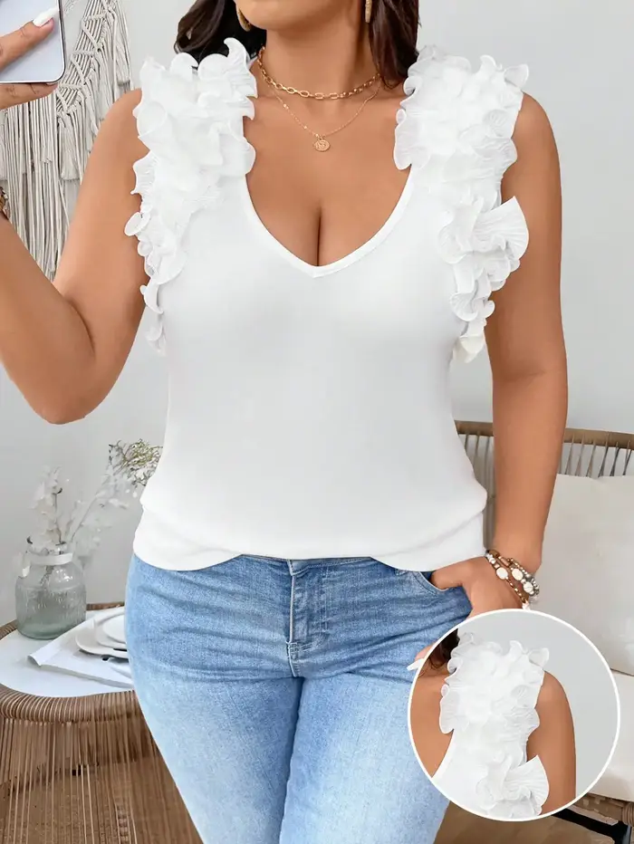 Débardeur blanc à volants sans manches et col en V pour femme | Chemise d'été décontractée élégante à détail floral sur