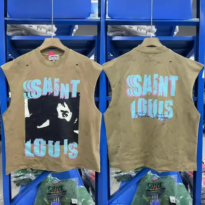 SAINT Débardeur Vintage Homme Sans Manches Effet Vieilli Délavé Style Rétro Streetwear Coupe Ample T-shirt Court