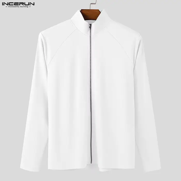 INCERUN hommes t-shirt col roulé fermeture éclair manches longues décontracté mâle
