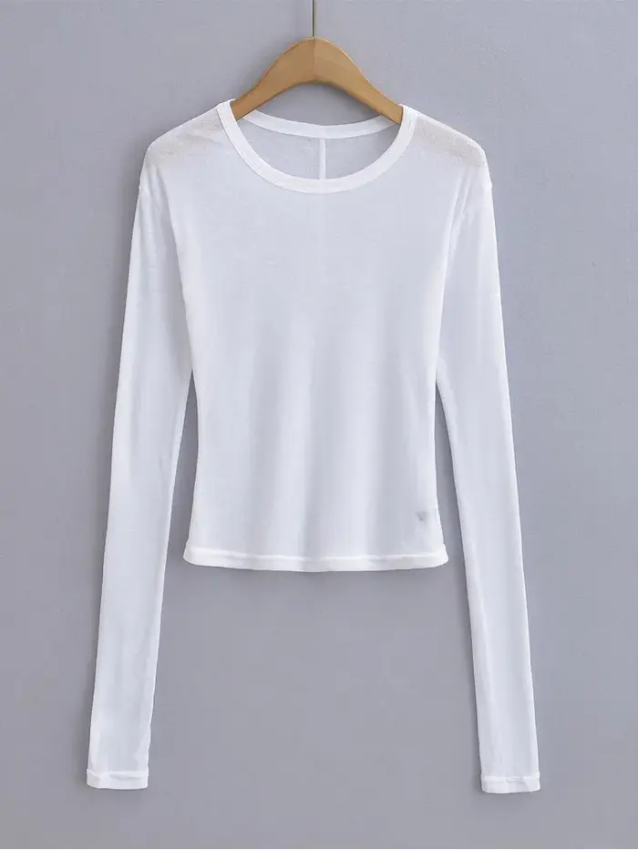 T-shirt semi-transparent ajusté à col rond pour femme, manches longues