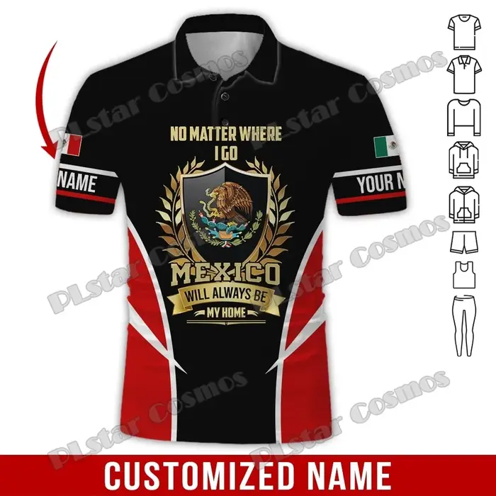 Nom personnalisé mexique blason 3D partout imprimé mode hommes Polo été décontracté unisexe à manches courtes
