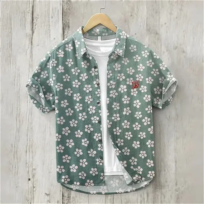 Chemise en lin à manches courtes pour hommes, haut de plage, simple boutonnage, texte rétro, impress