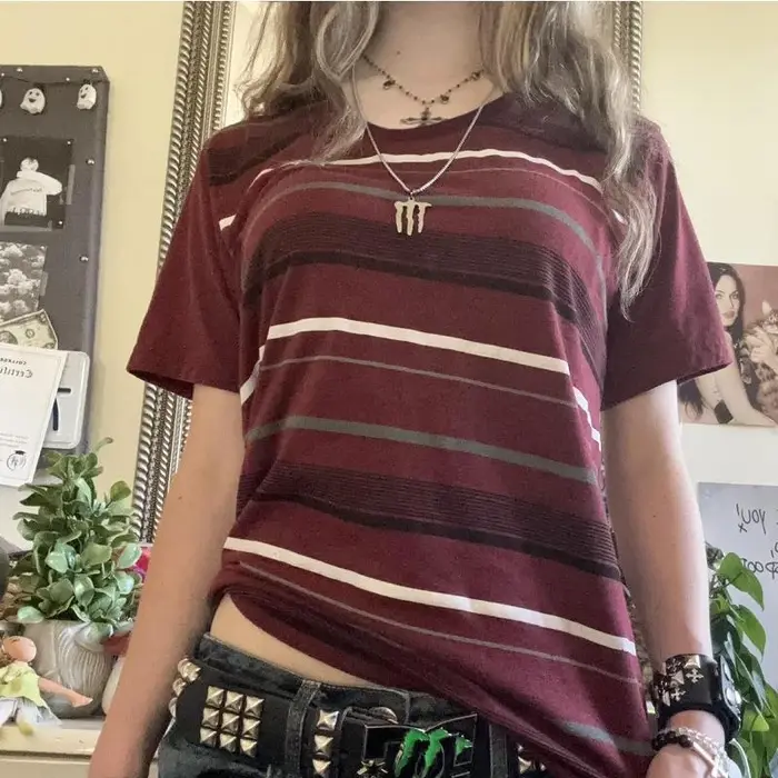 T-shirt Rayé à Manches Courtes et Col en V pour Homme et Femme