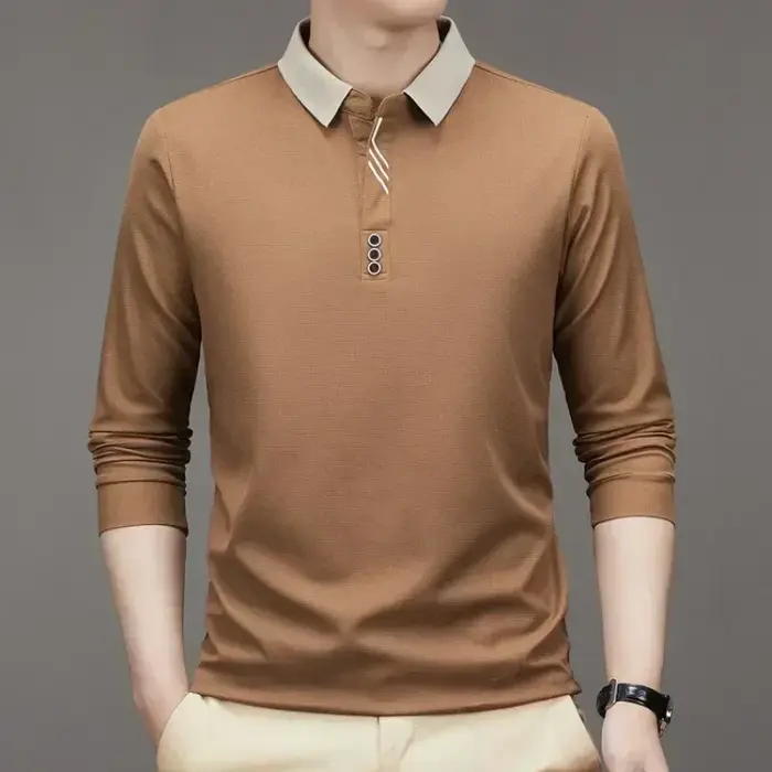 T-shirt gaufré à manches longues et col rabattu pour hommes