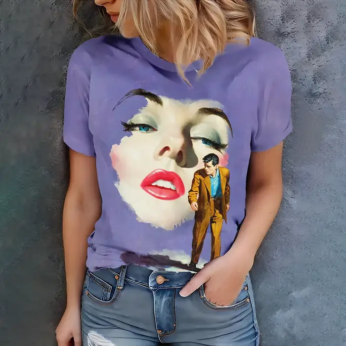 T-shirt d'art violet pour femmes, Design de Portrait surréaliste, mode moderne décontractée, col ron