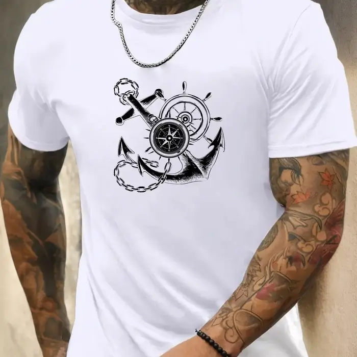 T-shirt d'été décontracté à manches courtes pour hommes avec un motif d'ancre de bateau et de boussole