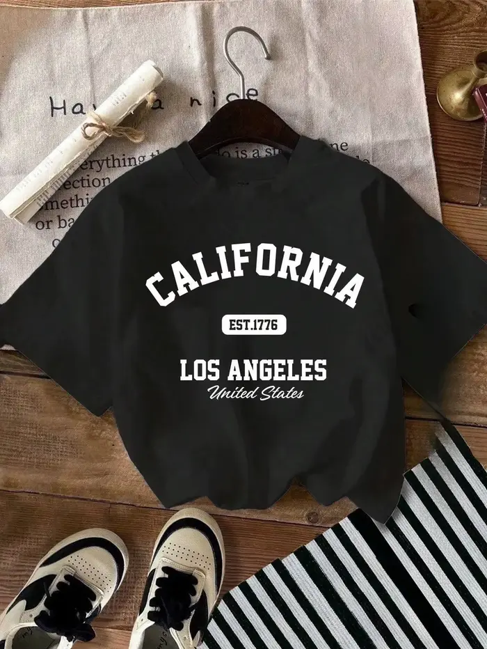 T-shirt d'été pour femme, style vintage américain, col rond, vêtements de mode de Los Angeles, haut décontracté streetwear pour femme