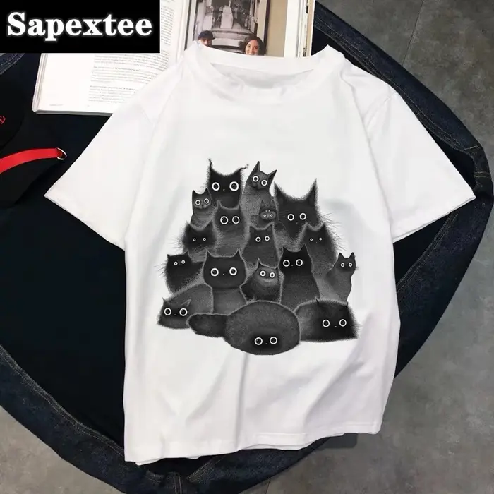 T-shirt col rond femme blanc, estival et aéré, avec chat kawaii, 2020
